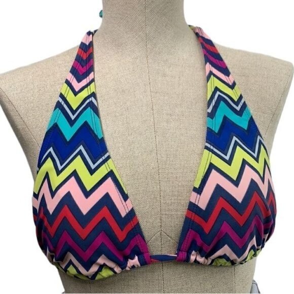 Old Navy Triangle String Bikini Top Blue Yellow Pink Zig Zag Aztec Sz Medium - Picture 1 of 7